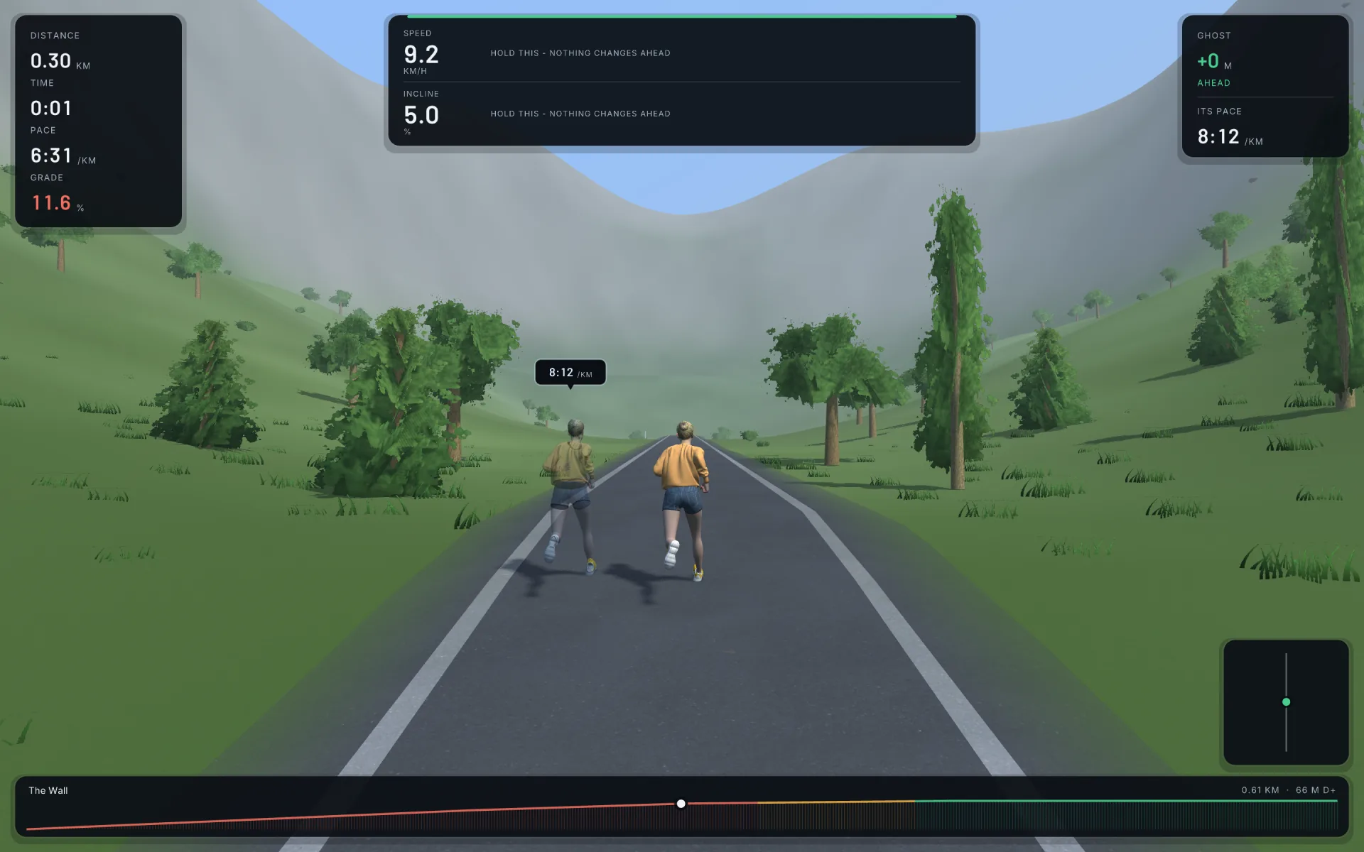 The Wall course at 11.6% grade, the banner holding a steady speed and incline